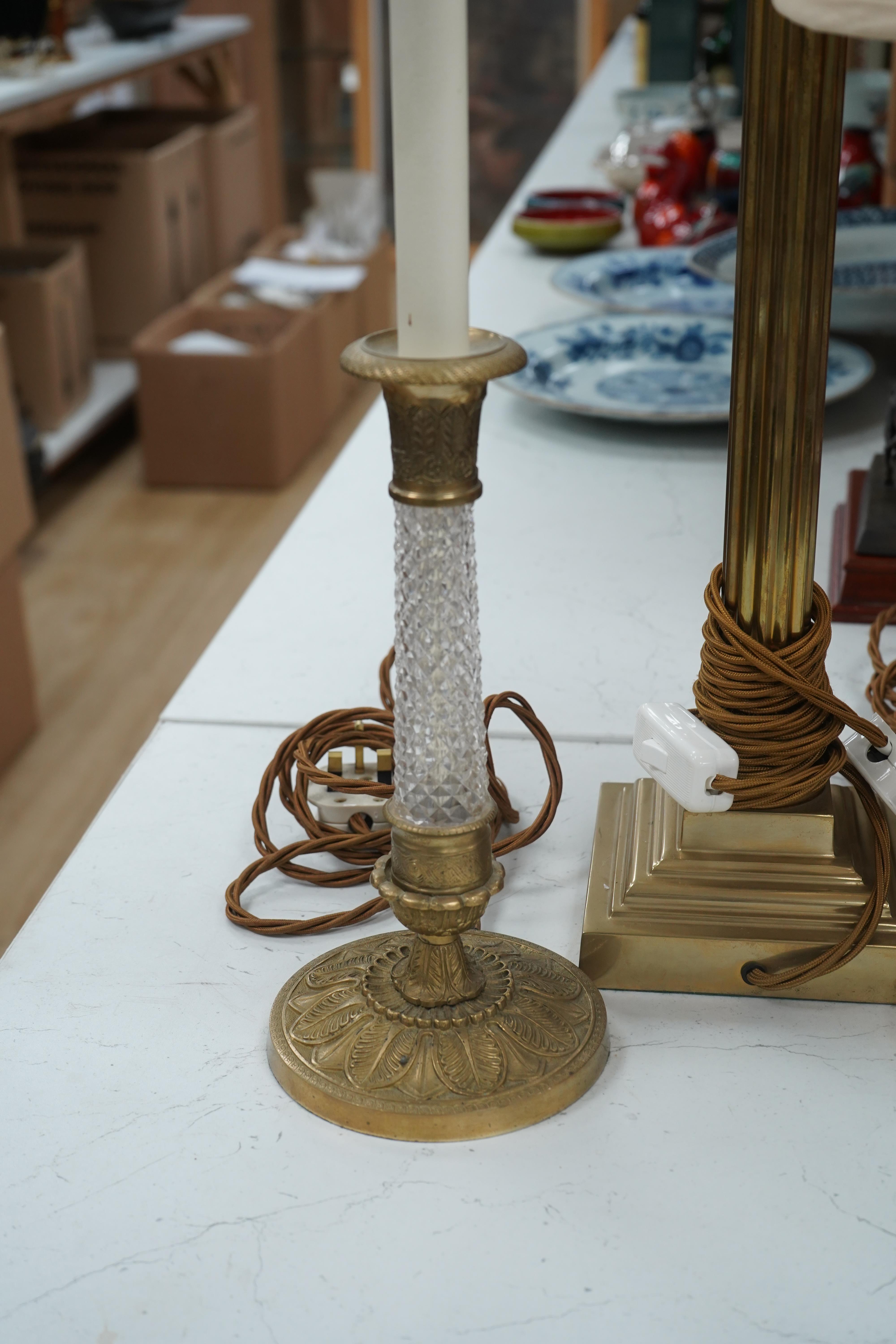 A pair of brass Corinthian column table lamps and another brass and glass pair, tallest 41.5cm. Condition - good, not tested